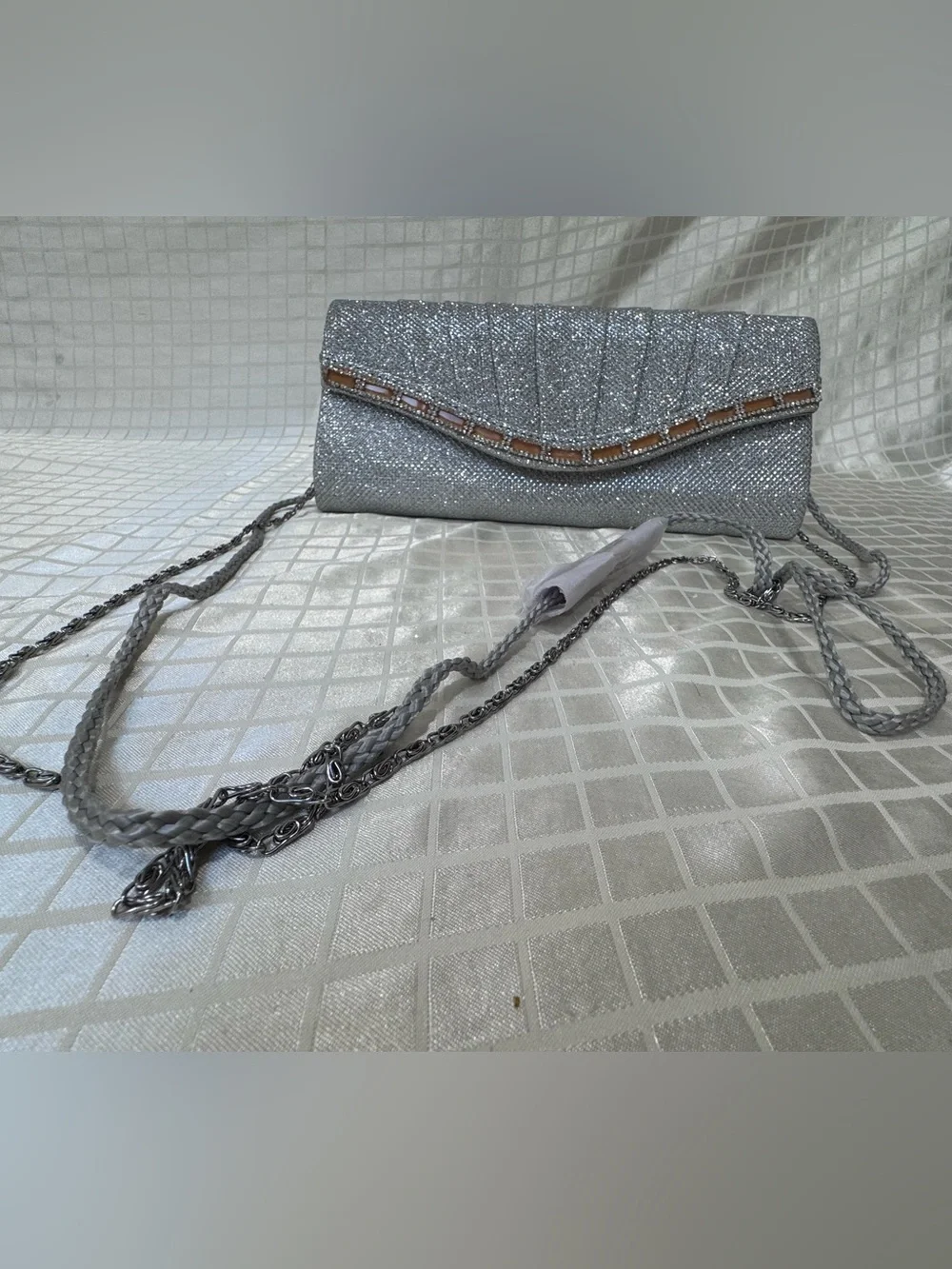 Silver Metallic Ankle-Strap Heels with Matching Clutch